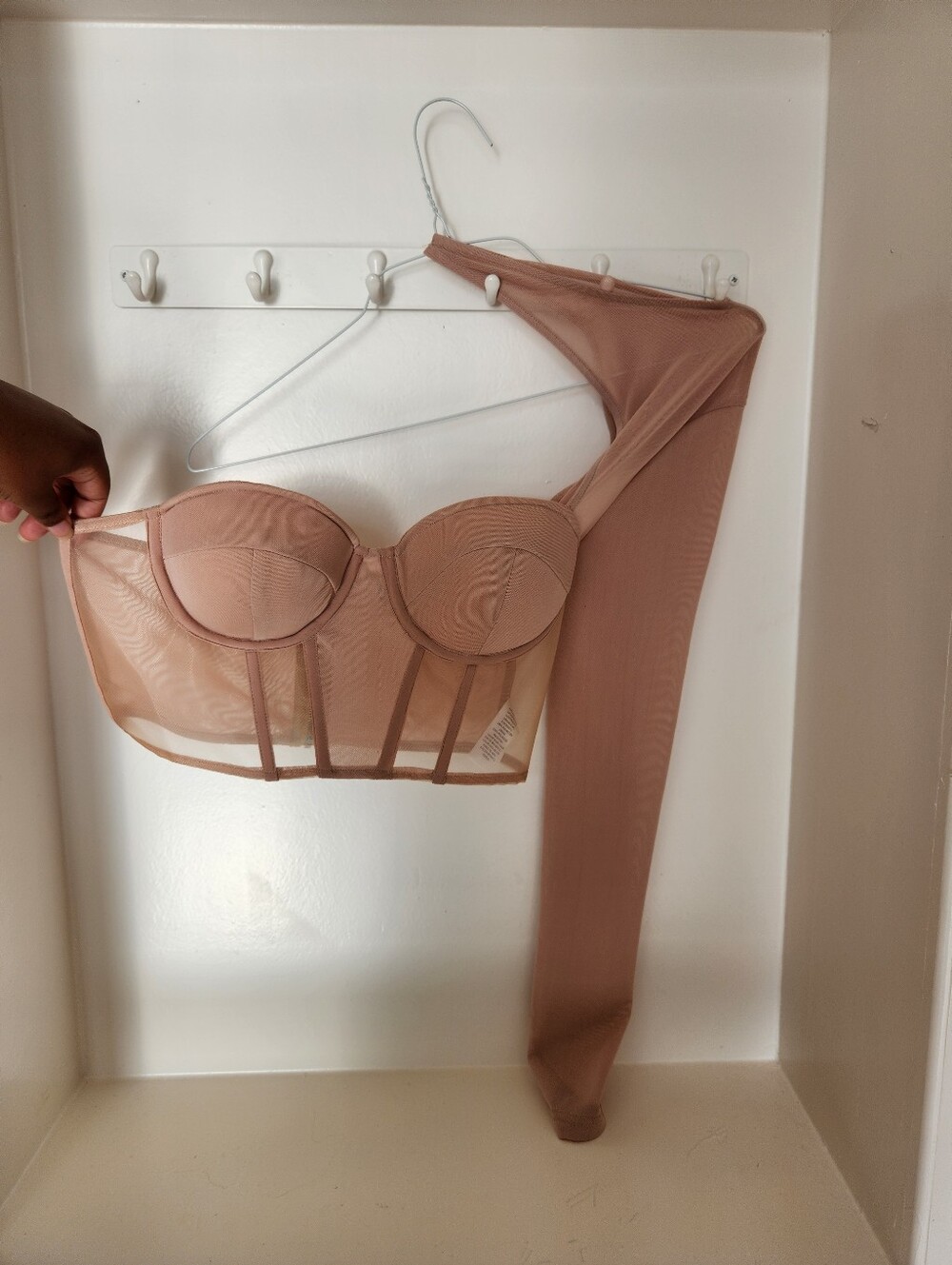 Longline Sheer Single Sleeved Corset Top in Nude Rose